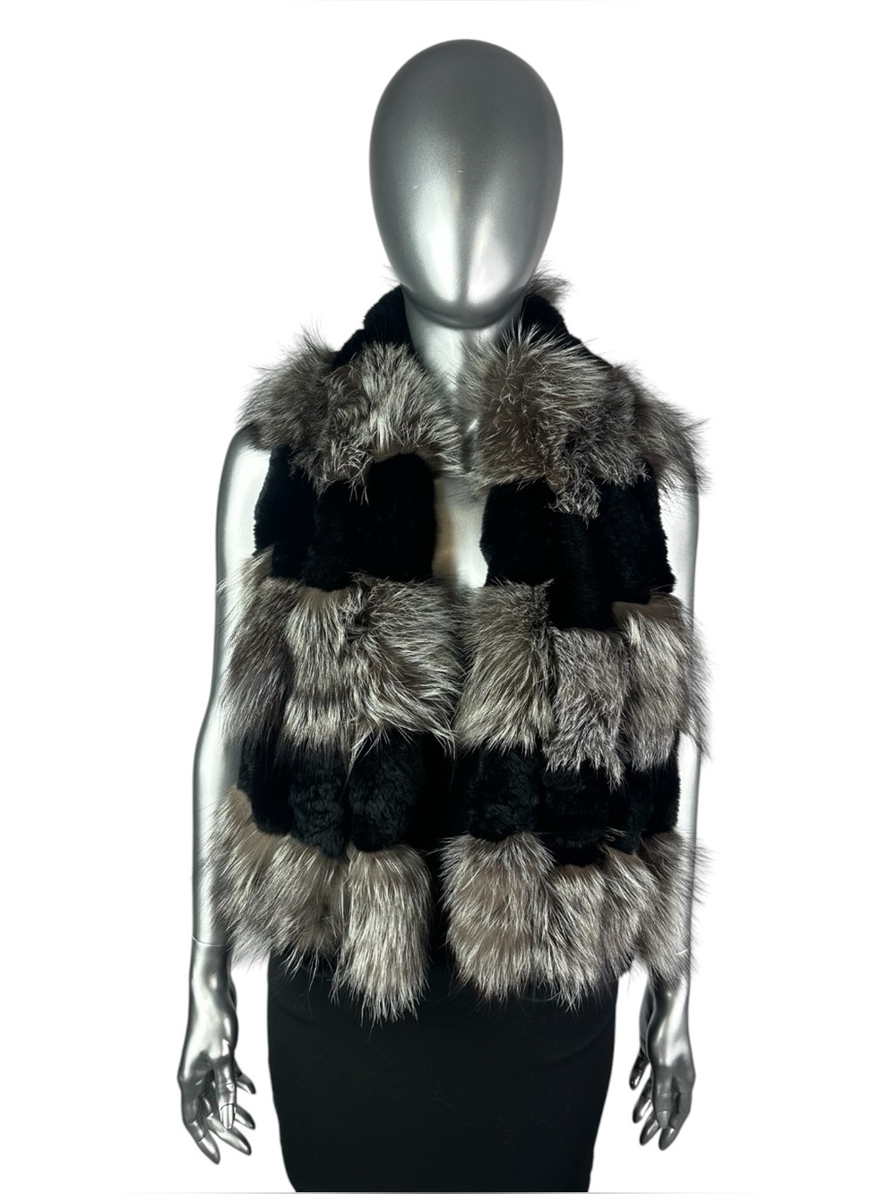 Silver FOX w/Black RABBIT Scarf, 50”L, Certified Vintage Fur